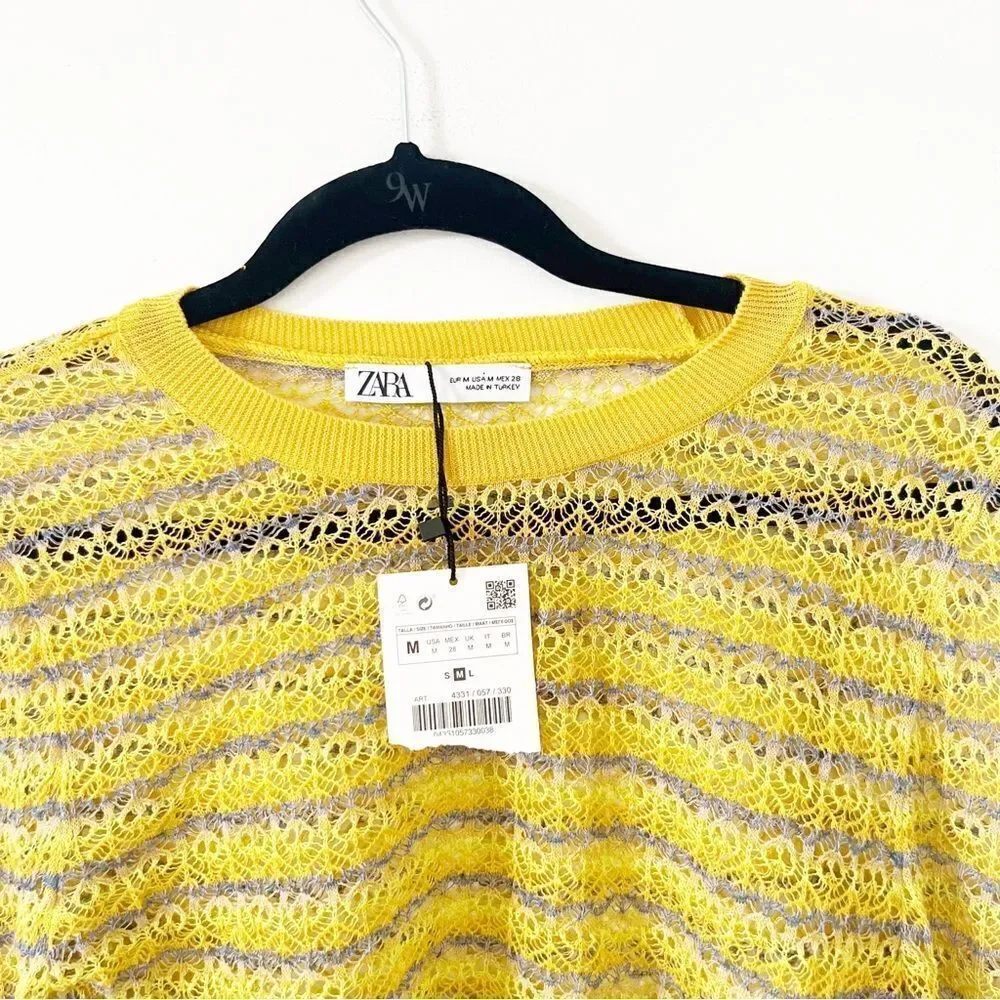 BNWT Zara Yellow Pointelle Knit Crop Sweater Medium Boho Festival Top - Picture 10 of 16